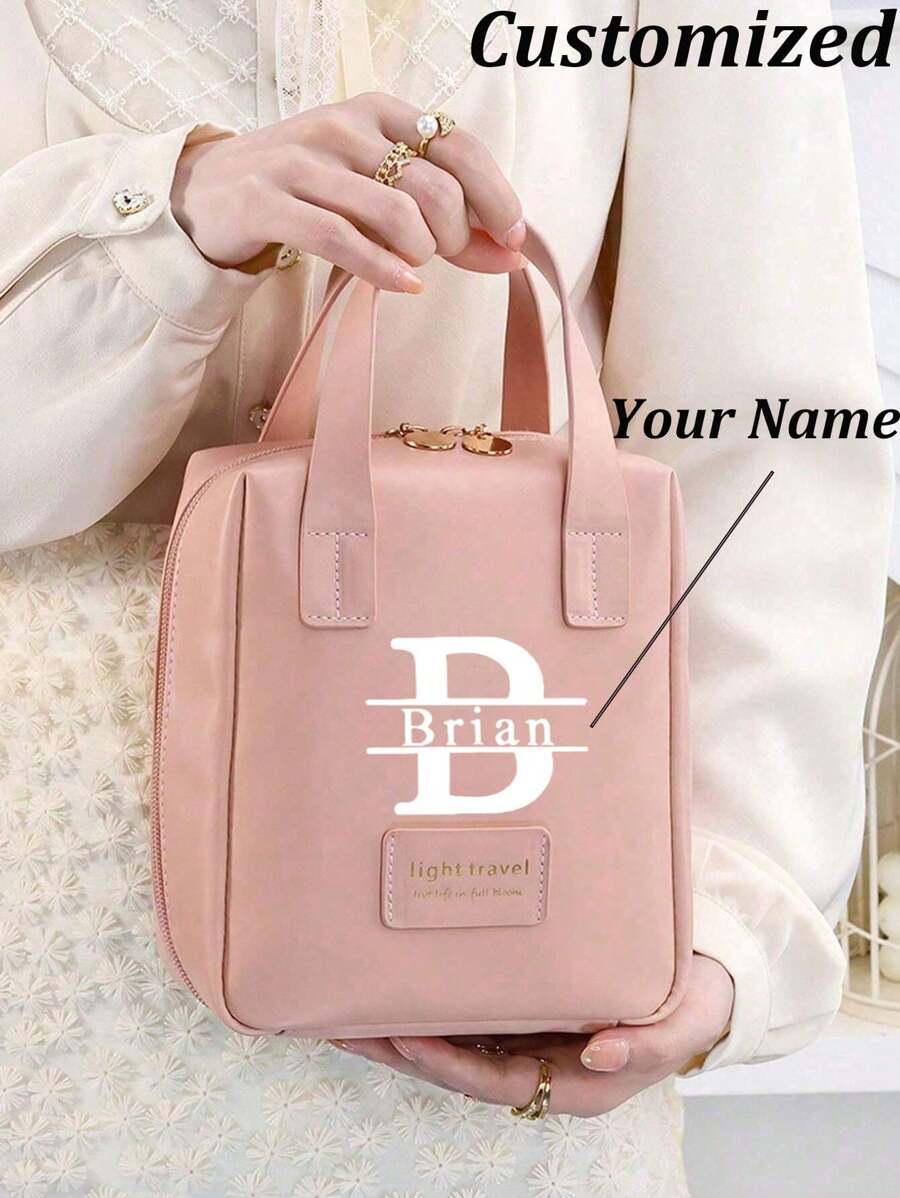 Custom Name Makeup Bag - Personalized Text, Large Capacity PU Cosmetic Tote With Dual Zipper,Waterproof Portable Cosmetic Bag - Perfect Gift For Women, Mom, Girlfriend,Valentine'S Day Gift - Vintage Travel & Home Use, Waterproof & Stain-Resistant Bags Ladies - Pink - View 1