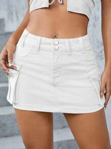 Women Mini Skirt Vintage Low Waist Cargo Skirt Summer Slim Fit Solid Color Skirt With Pockets For Club - White - View 2
