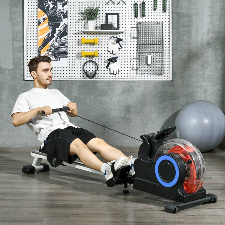 Soozier Foldable Rowing Machine, Water Row Machine With Wheels And LCD Monitor For Home Cardio Training - Blue - View 1