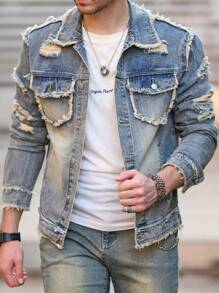 Men's Denim Jacket, Men's Fashionable Denim Jacket, Washed Classic Casual Distressed Slim Fit Truck Denim Jacket - 藍色 - 查看 1