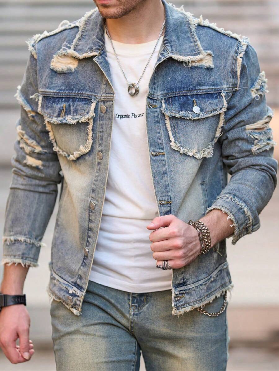 Men's Denim Jacket, Men's Fashionable Denim Jacket, Washed Classic Casual Distressed Slim Fit Truck Denim Jacket - 藍色 - 查看 1