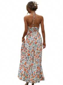 Women Long Dress, Elegant Sleeveless Tie-Up Halterneck Floral Dress Summer Swing Dress - 彩色 - 查看 2