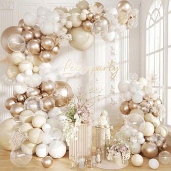 White Sand Metallic Champagne Gold Balloon Garland Arch Kit , 147PCS White Nude Clear Latex Balloons For Birthday Wedding Babyshower Bridal Shower Engagement Anniversary Decorations