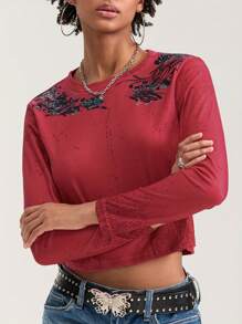 Womenacute;S Aesthetic Gothic Tops Retro Floral Print Bead Decor Long Sleeve Round-Neck Grunge T-Shirts For Summer Spring