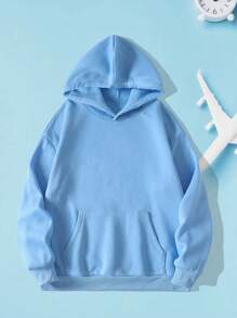 Cartoon Letter Print Drop Shoulder Drawstring Thermal Lined Hoodie - Blue - View 2