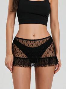 Women Sheer Skirt Casual Summer Layered Ruffled Elastic Mini Skirt For Beach Vacation Club Streetwear Aesthetic Clothes - 黑色 - 查看 2