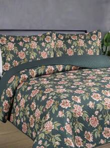 3-Piece Bedspread Quilt Kit Complete Box Bed Ultrasonic Butterfly Quilted - Jasmine Floral Grey - View 1