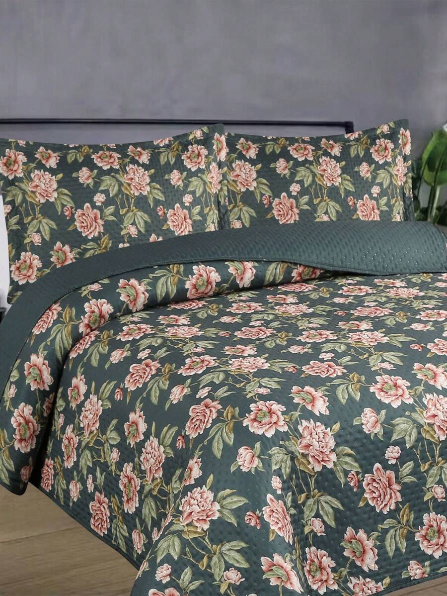 3-Piece Bedspread Quilt Kit Complete Box Bed Ultrasonic Butterfly Quilted - Jasmine Floral Grey - View 1