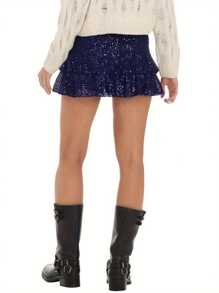Women Y2k Ruffle Sequin Mini Skirt Sparkly Ruffle Layered Short Skirts Shiny Glitter Pleated Flared Novelty Skirts - Navy Blue - View 5
