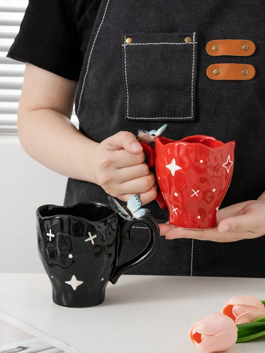 1pc Creative Minimalist Handmade Butterfly & Star Asymmetrical Ceramic Coffee Mug For Home Use - Multicolor - View 1