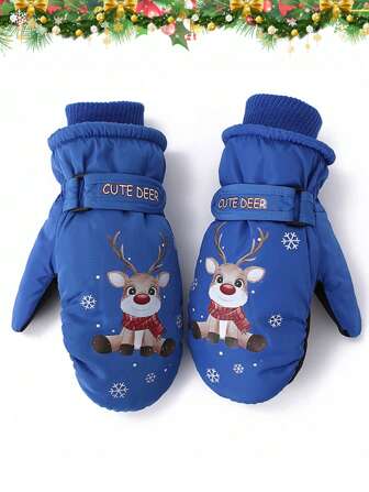 1 双儿童鹿和雪花印花防滑可调节钩环滑雪手套