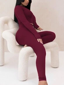 2pcs/Set Women Solid Color Raglan Sleeve T-Shirt And Leggings, Casual & Minimalist Summer - Burgundy - View 6