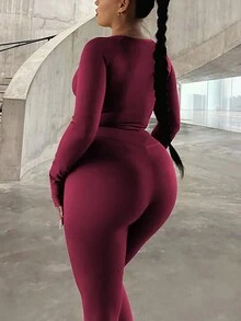 2pcs/Set Women Solid Color Raglan Sleeve T-Shirt And Leggings, Casual & Minimalist Summer - Burgundy - View 2