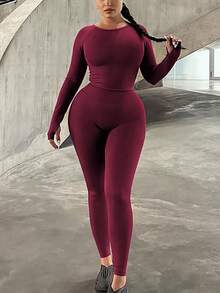 2pcs/Set Women Solid Color Raglan Sleeve T-Shirt And Leggings, Casual & Minimalist Summer - Burgundy - View 3