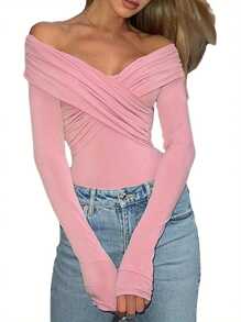 Women Long Sleeve Off Shoulder Top Sexy Front Cross V-Neck Y2k Shirts Ruched Going Out Tops Spring Fall Slim Fit Blouses Streetwear - 粉色 - 查看 1