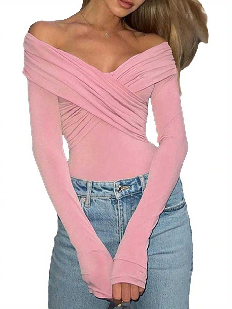 Women Long Sleeve Off Shoulder Top Sexy Front Cross V-Neck Y2k Shirts Ruched Going Out Tops Spring Fall Slim Fit Blouses Streetwear - 粉色 - 查看 1