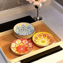 6pcs - 5.63" Boho Style Plates, Salad Plates, Dessert Plates, Appetizer Plates, Hot Pot Plates, Picnic Plates, Camping Plates, Cold Dish Plates, Bone Dish, Suitable For Fruits, Vegetables, Desserts And Salads, Multifunctional Kitchen Tableware, Dishwasher, Oven, Microwave Friendly, Embossed Design - Great For Home, Restaurant And Hotel Use,School Supplies - Multicolor - View 7