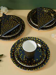 Schwarz & Gold Partyzubehör Set, Einwegteller, Becher, Servietten für 25 Gäste, beinhaltet Teller mit Punkten, Dessert Teller, weiße Papier Party Geschirr, geeignet für Geburtstage, Hochzeiten, Veranstaltungen - Verschiedenfarbig - Übersicht 4