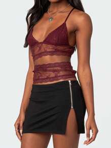 Women Lace Sheer Camisole V-Neck Spaghetti Strap Sheer Vest Slim Fit Cutout Show Navel Tank Tops - Đỏ - Xem 4