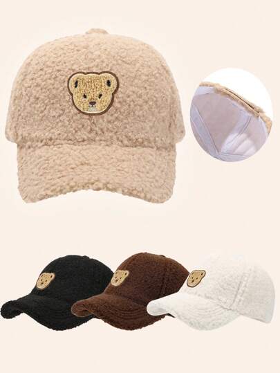 1pc Kids Girls Winter&Fall With Bear Pattern Baseball Cap For Children's Lamb Wool Warm Baseball Hat For Windproof And Cold Outdoor Travel Daily Costume