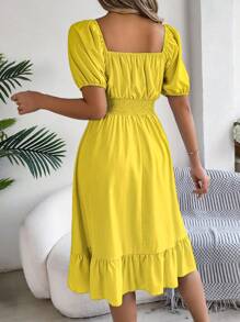 Women's Casual Holiday Puff Sleeve Drawstring Waist Floral Printed Short Sleeve Dress, Spring/Summer - 黃色 - 查看 2