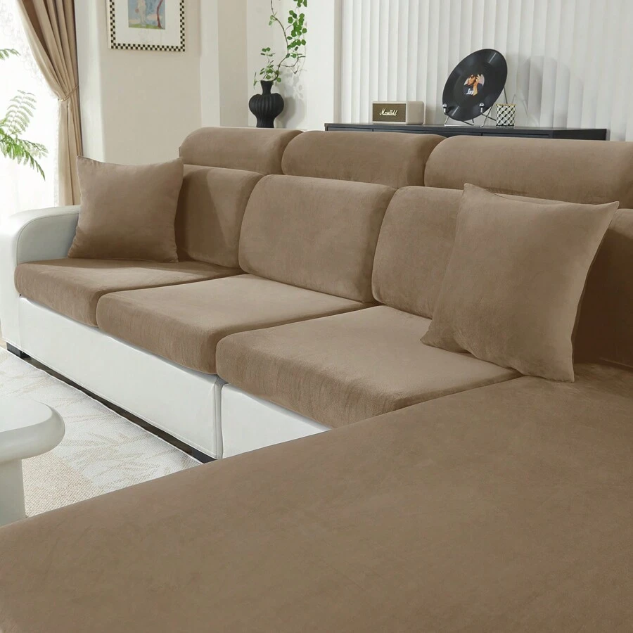 YSTYLE Housse Coussin Canapé Velours、Housse De Coussin Extensible、Universelle Housse Coussin Canape、Housse Assise Canapé Antidérapante、Housse Dossier Canapé - 駝色 - 查看 1
