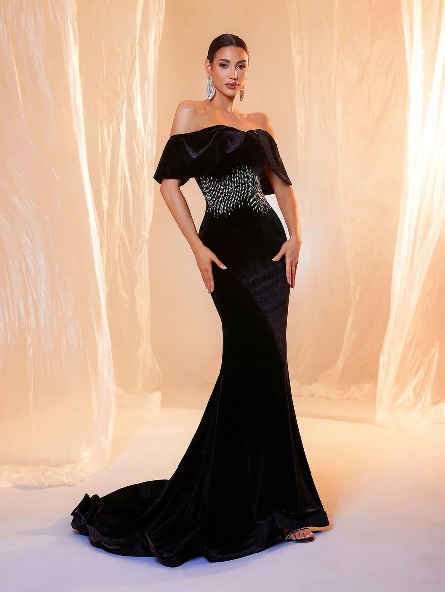 Women's Black Rhinestone Off Shoulder Floor Length Evening Gown - Black - View 1
