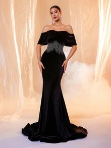 Women's Black Rhinestone Off Shoulder Floor Length Evening Gown - Black - View 2