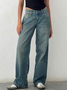 Women Casual Low Rise Jeans Loose Straight Leg Denim Pants With Pockets - Medium Wash - View 1