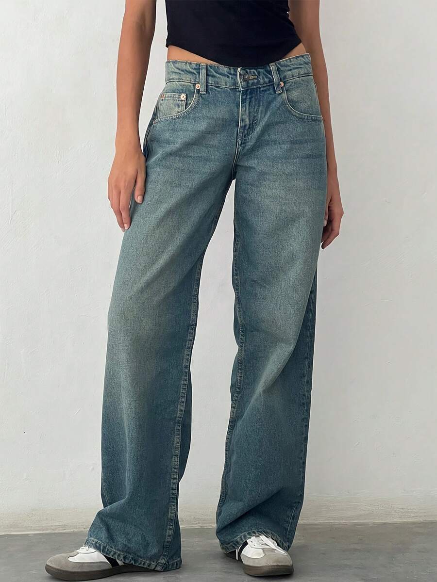 Women Casual Low Rise Jeans Loose Straight Leg Denim Pants With Pockets - Medium Wash - View 1