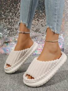 女士毛绒拖鞋，条纹露趾，柔软舒适厚底室内卧室毛绒拖鞋