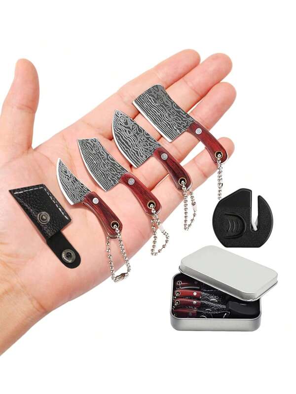 1 pezzo/5 pezzi Set di coltelli mini, Set di coltelli pieghevoli in damasco, con affilatore, con scatola portaoggetti, Set di coltelli mini EDC, Apribuste, Portachiavi, Piccoli articoli