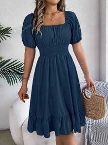 Vestido mini casual de vacaciones de primavera/verano para mujer con mangas abullonadas, cordón y estampado floral diminuto