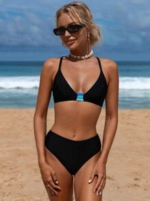 Swmmer Liket Contrast Color Stitching Back Design Women's Sexy Bikini Set For Beach Vacation Summer - Blue - View 4