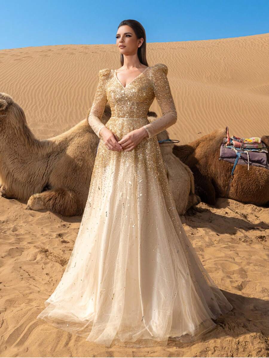 Faeriesty Đầm dạ hội và đầm dự tiệc sang trọng, hở lưng, tay voan xuyên thấu, đính cườm, thích hợp cho tiệc cưới.