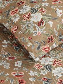 3-Piece Bedspread Quilt Kit Complete Box Bed Ultrasonic Butterfly Quilted - Jazmín floral marrón - Ver 2