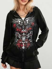 Women Y2k Goth Zip Up Hoodie Fairy Grunge Oversized Hooded Sweatshirt Adults Casual Skull Graphic Printed Long Sleeve Jacket With Pockets Gothic 90s Clothes For Teen Girls Streetwear Fall Spring Outerwear - màu đen - Xem 3
