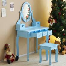 Kids Girls Vanity Table Set Makeup Dressing Table Stool Mirror With 3 Drawers
