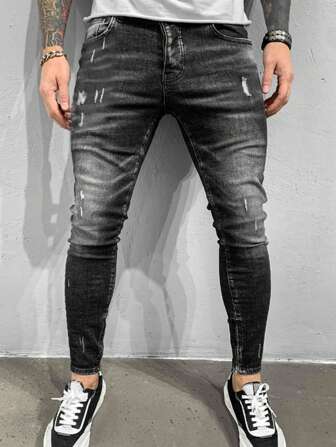 Herren Vintage Streetwear Slim Fit Jeans mit Rissen und Katzenbart Design