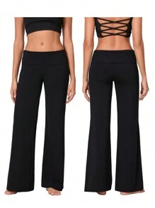 Women Y2k Palazzo Yoga Pants Fold Over Flare Leggings Low Rise Solid Color Stretch Casual Wide Leg Pants Comfy Lounge Pants Bootcut Bell Bottoms Baggy Sweatpants Streetwear