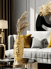 1 pieza Jarrón decorativo de vidrio con diseño de ola chapado en oro de lujo, adecuado para decoración del hogar en salas de estar, dormitorios, balcones, escritorios, etc.