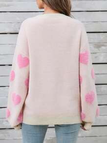 Women Cute Sweaters Casual Warm Heart Print Long Sleeve Basic Knit Pullover Tops Valentines Day Outfit Casual Crewneck Sweatshirts Clothes Fall Spring Streetwear - 白色 - 查看 8