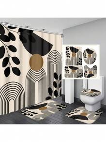 1pc/4pcs Line Patchwork Abstract Pattern Multifunctional Waterproof Bathroom Shower Curtain With 12 Hooks, Anti-Slip Bath Mat, U-Shape Toilet Mat And Round Toilet Seat Cover, Bathroom Set For All Occasions Home Bathroom Decor Fall Decor Bathroom Accessories Back To School