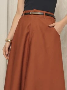 Long Tailored Skirt With Belt Fashion Elegance - màu nâu - Xem 5