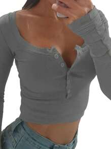 Women Henley Shirt Casual Solid Color Retro 1/2 Button Long Sleeve Y2K Slim Fitted Ribbed Knit Crop Tops - 灰色 - 查看 3