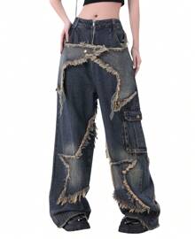 Y2K Baggy Jeans Women&Men Star Patch Aesthetic High Waist Straight Leg Pants Jnco Jeans Vintage Fashion Grunge Casual Hip Hop Loose Trousers Streetwear