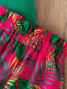 Young Girl Solid Ribbed Tank Top And Tropical Plant Print Shorts Set, Summer Vacation Beach Fashion Cute Minimalist Girls Outfit - Multicolor - View 8