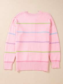 Acelitt Pink Rainbow Striped Off-Shoulder Loose Pullover Sweater - Pink - View 6
