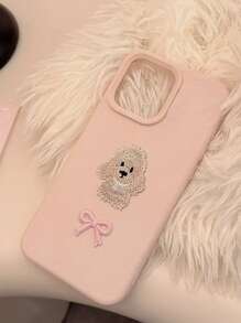 Ốp lưng điện thoại mềm mại họa tiết nơ thêu và chó con tương thích với iPhone 16 Pro/16 Promax, 15 Pro, 14/14 Pro, 13, 12, 11 - Hoạt hình, Chống rơi, Bảo vệ toàn diện Chống nước Chống sốc Chống trầy xước - Hồng - Xem 4