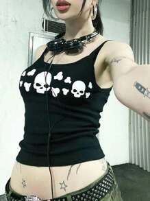 Women Goth Tank Tops Vintage Skull Print Backless Low Cut Camisoles Grunge Sleeveless Slim Fit Shirt Streetwear - Black - View 4